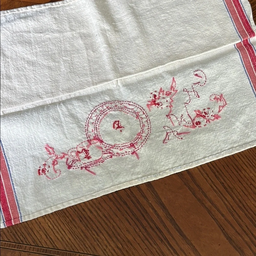 Embroidered China Tea Towel Cream Red and Pink